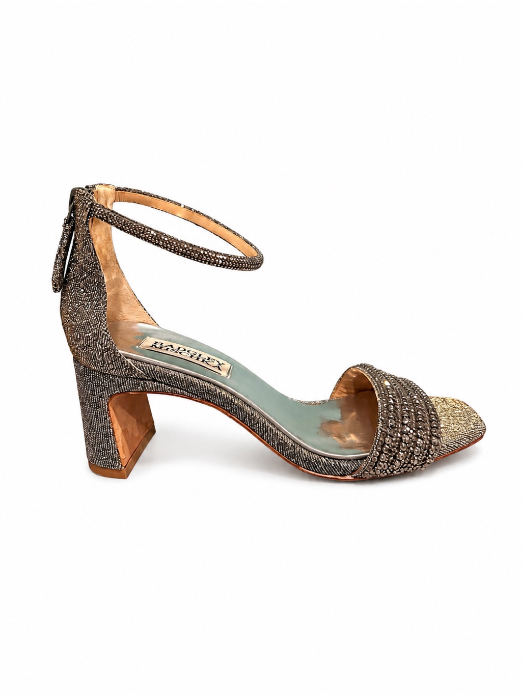 Badgley Mischka Kameryn Gunmetal Pewter Ankle-Strap Block Heel Size 5
